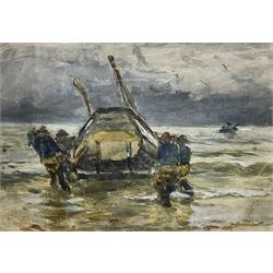 Robert Jobling (Staithes Group 1841-1923): Launching the Coble, watercolour signed 12cm x 18cm