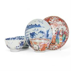 19th Century Chinese tea bowl and saucer, decorated with figures in a garden scene, together with tow other tea bowls and a saucer 