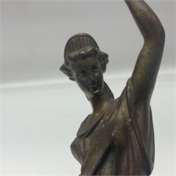 Gilt bronze figure of a lady in neo-classical dress, on a circular wooden plinth, H26cm