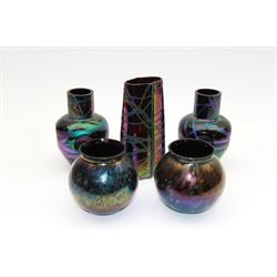 Five Austrian Art Nouveau purple glass vases, to include a Pallme-Konig example, of tapering form with matte vein decoration, and two similar pairs, tallest H16cm