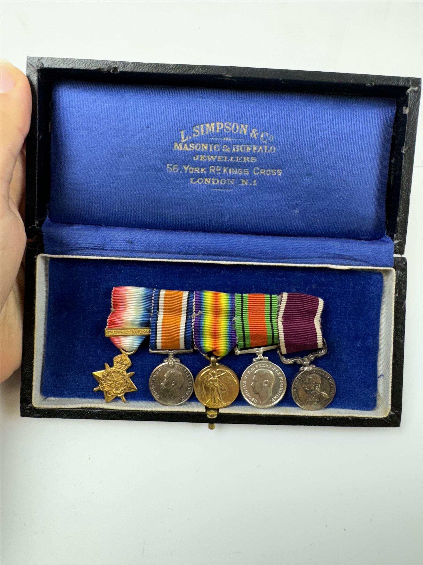 WWI group of five miniature medals including 1914 star with Aug - Nov clasp and George V LSGC