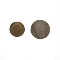 Two engraved coins, comprising William III silver halfcrown , E below bust, the reverse engraved 'Joan Norsworthy, Died Sept 19, 1786 Aged 55' and King Edward VII halfpenny, the reverse engraved with initials 'NB'