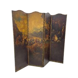 19th century four panel folding room screen, each leather panel painted with scenes from 'The Embarkation for Cythera' after Jean-Antoine Watteau (French 1684-1721), depicting a fête galante celebration with amorous couples and Cupids, with them a gilt statue of Venus, set within a classical capriccio landscape on the Greek island of Cythera, inscribed and titled verso with a verse from 'Ode on a Grecian Urn' by John Keats