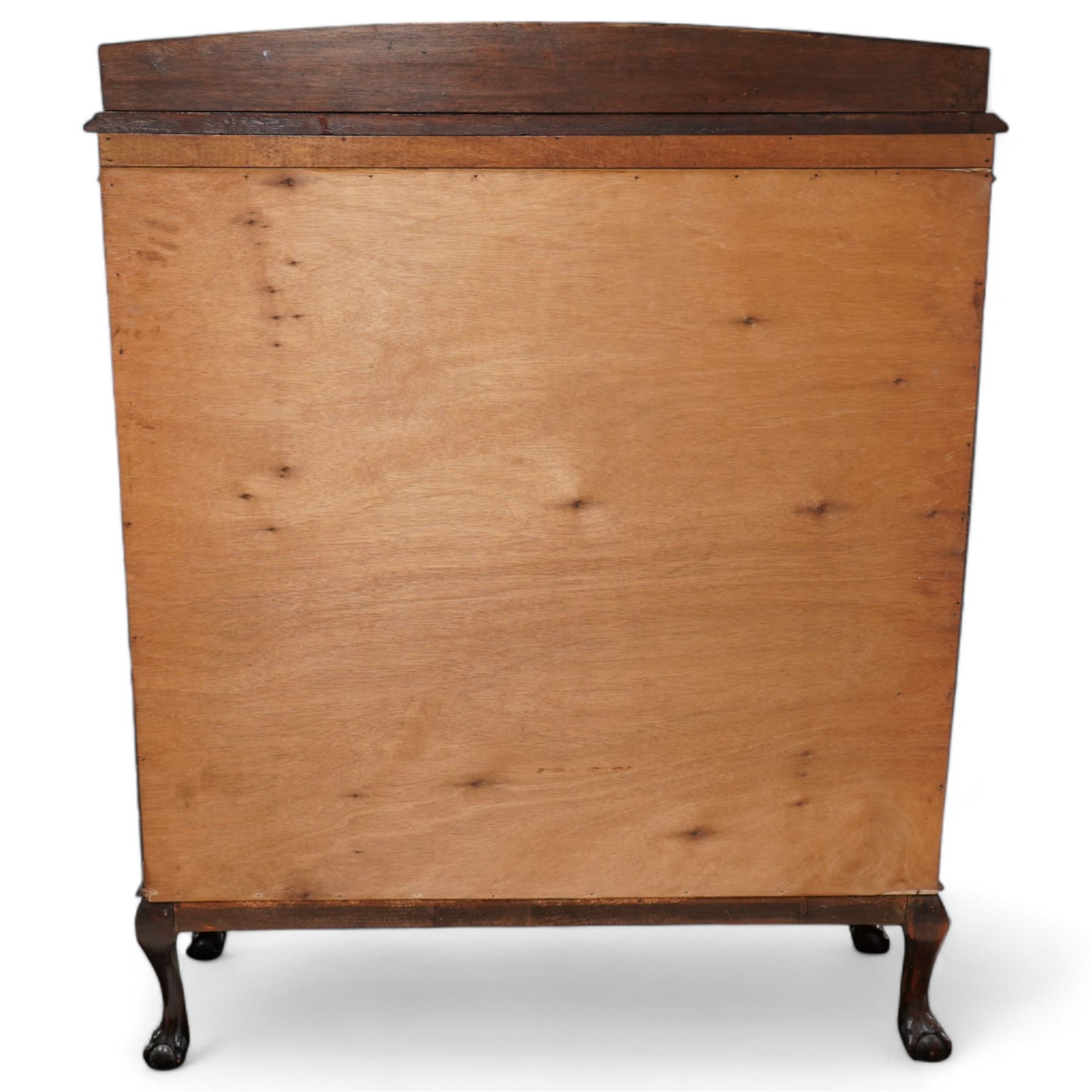 Early 20th century mahogany bow-front display cabinet, fitted with two astragal glazed doors enclosing two shelves, on cabriole supports with ball and claw feet