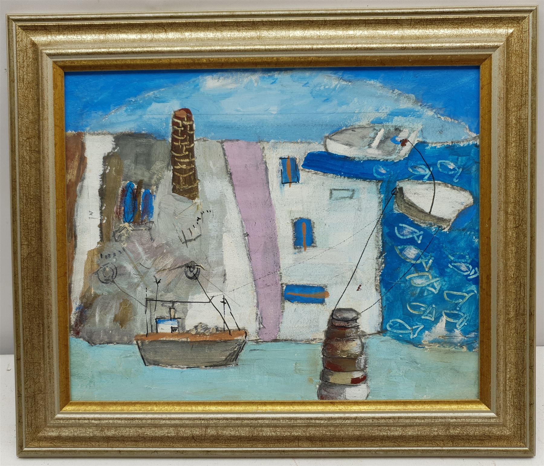 St Ives School (Late 20th century): 'Boats and Mine Stacks Cornwall', oil on board unsigned, titled verso 23cm x 28cm