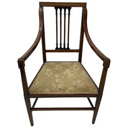 Edwardian satinwood inlaid mahogany elbow chair, the bar back over four vertical rails with foliate and scroll carved decoration, curved and down-swept arms, on square tapering supports united by stretchers 