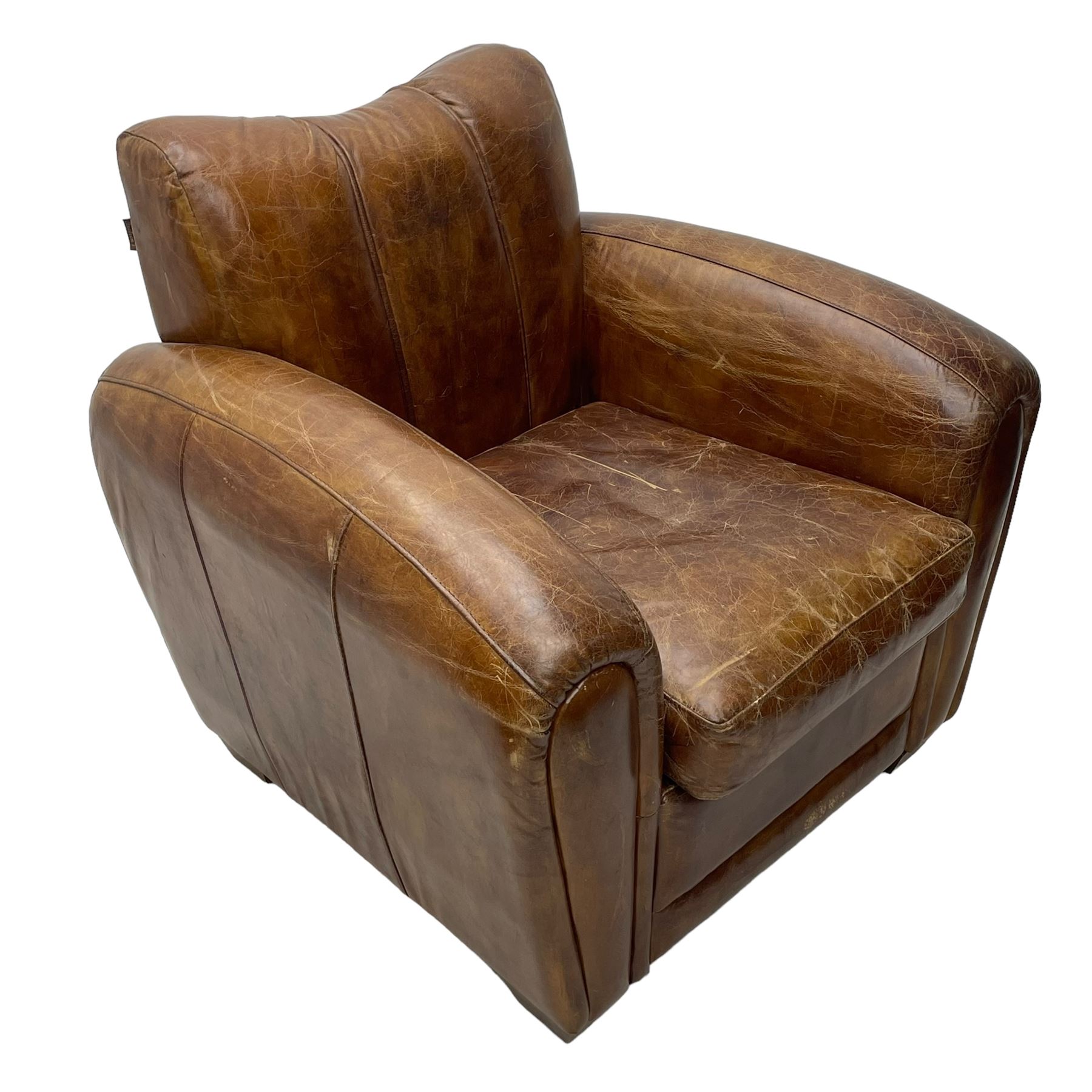 Rockson - club armchair, dished cresting rail over curved arms, upholstered in brown stitched leather, on block feet