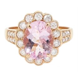 18ct rose gold oval cut morganite and milgrain set, round brilliant cut diamond cluster ri...