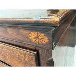 George III oak chest, rectangular top over frieze with inlaid with inscription panels 'Mary Rees' and fan motifs, frieze drawer over two short and three long graduating drawers, fitted with brass swan-neck handles and oval escutcheons, on bracket feet