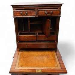 Georgian design inlaid mahogany secretaire writing chest, two cock-beaded drawers over fall-front enclosing fitted interior, over four long drawers, lower moulded edge on bracket feet