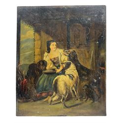 English School (19th Century): Feeding the Hounds, heightened print on steel unsigned 51cm x 42cm (unframed)