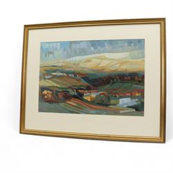 Mary Ann Lord (Yorkshire 1931-): 'Moors Above Halifax', oil on paper signed, titled on label verso 38cm x 55cm