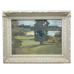 Margaret Micklethwaite (Hull 20th century): 'Hornsea Mere from Wassand Hall', oil on board signed and titled verso 24cm x 34cm