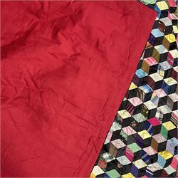 19th Century silk and satin tumbling blocks pattern patchwork quilt with black border 228cm X 196cm