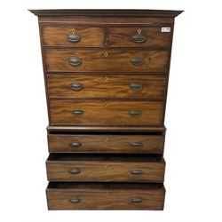 Early 19th century mahogany chest-on-chest, projecting cornice over banded frieze, fitted with two short over six long graduating cock-beaded drawers with bone and timber escutcheons, on bracket feet