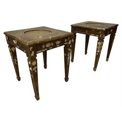 Pair of 20th century giltwood and gesso vase or lamp side table, the moulded square top with circular central recess, decorated with applied foliage and flower head mouldings, on square tapering supports with spade feet