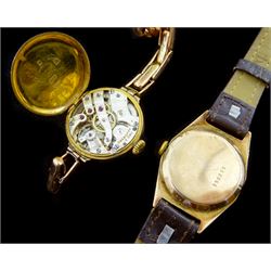 Early 20th century gold manual wind wristwatch, on gold expanding strap, both 9ct and a 9ct gold manual wind wristwatch, on brown leather strap