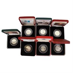 Seven The Royal Mint United Kingdom silver proof fifty pence coins, comprising 1994 'D-Day', 1997 piedfort, 2000 '150 Years of Public Libraries' piedfort, 2004 '50th Anniversary of the four-minute mile', 2004 '50th Anniversary of the four-minute mile' piedfort, 2005 'Celebrating the 250th Anniversary of Samuel Johnson's Dictionary' and 2005 'Celebrating the 250th Anniversary of Samuel Johnson's Dictionary' piedfort, all cased with certificates