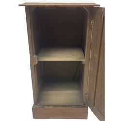 Victorian walnut bedside cupboard, moulded top over single panelled door with birdseye maple panel, fitted with shelf, on skirted base 