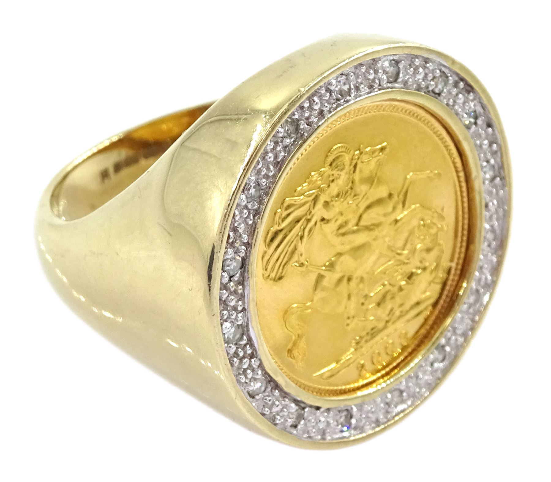 Queen Elizabeth II 2003 gold half sovereign coin, loose mounted in 9ct gold ring, set with diamonds, hallmarked