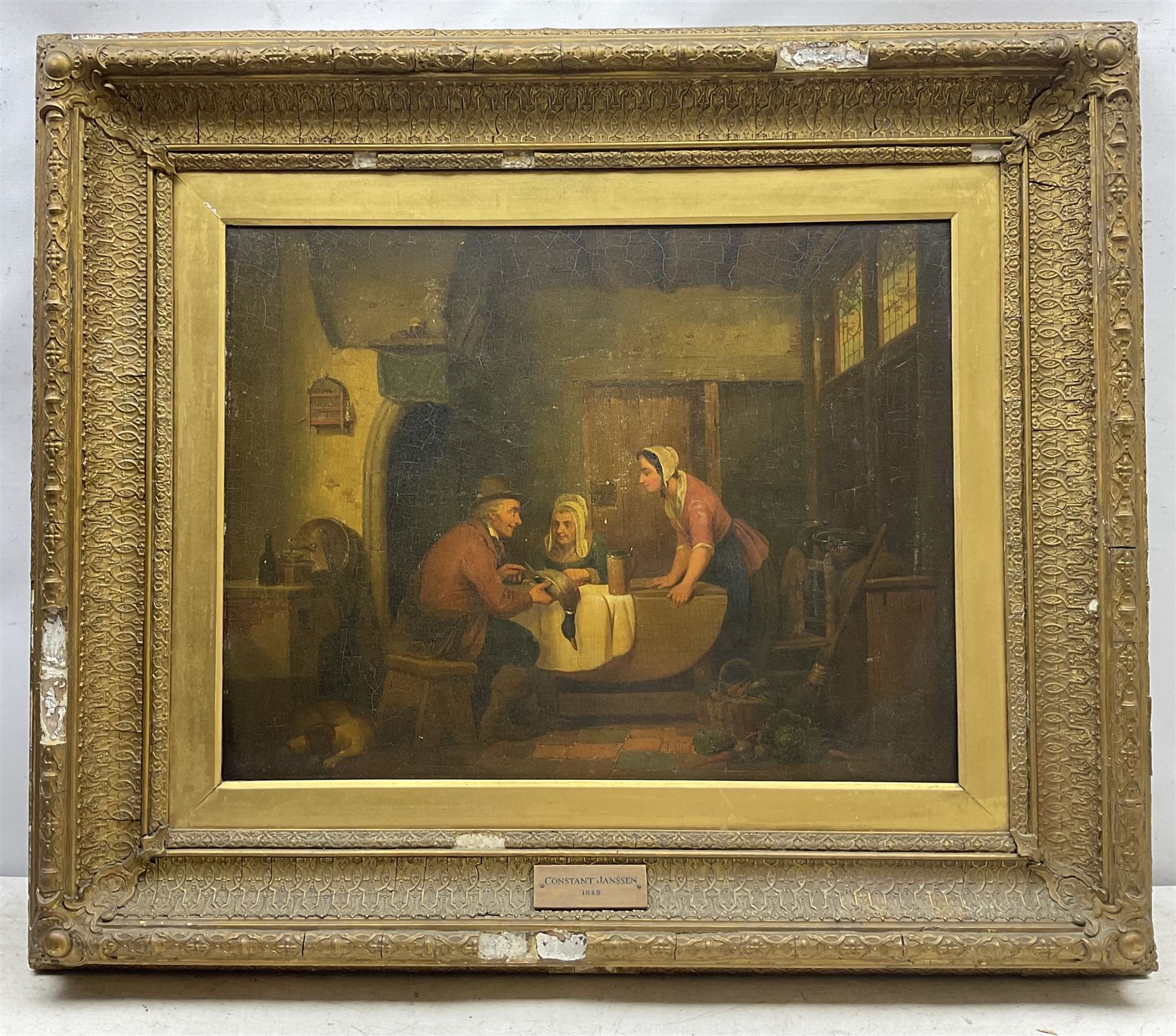 Interior Scene, oil on panel, inscribed 'Constant Janssen 1849' on plaque