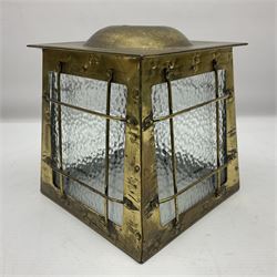 Arts & Crafts style brass porchlight/lantern shade, of square tapering form, with four mottled glass panels, H17cm