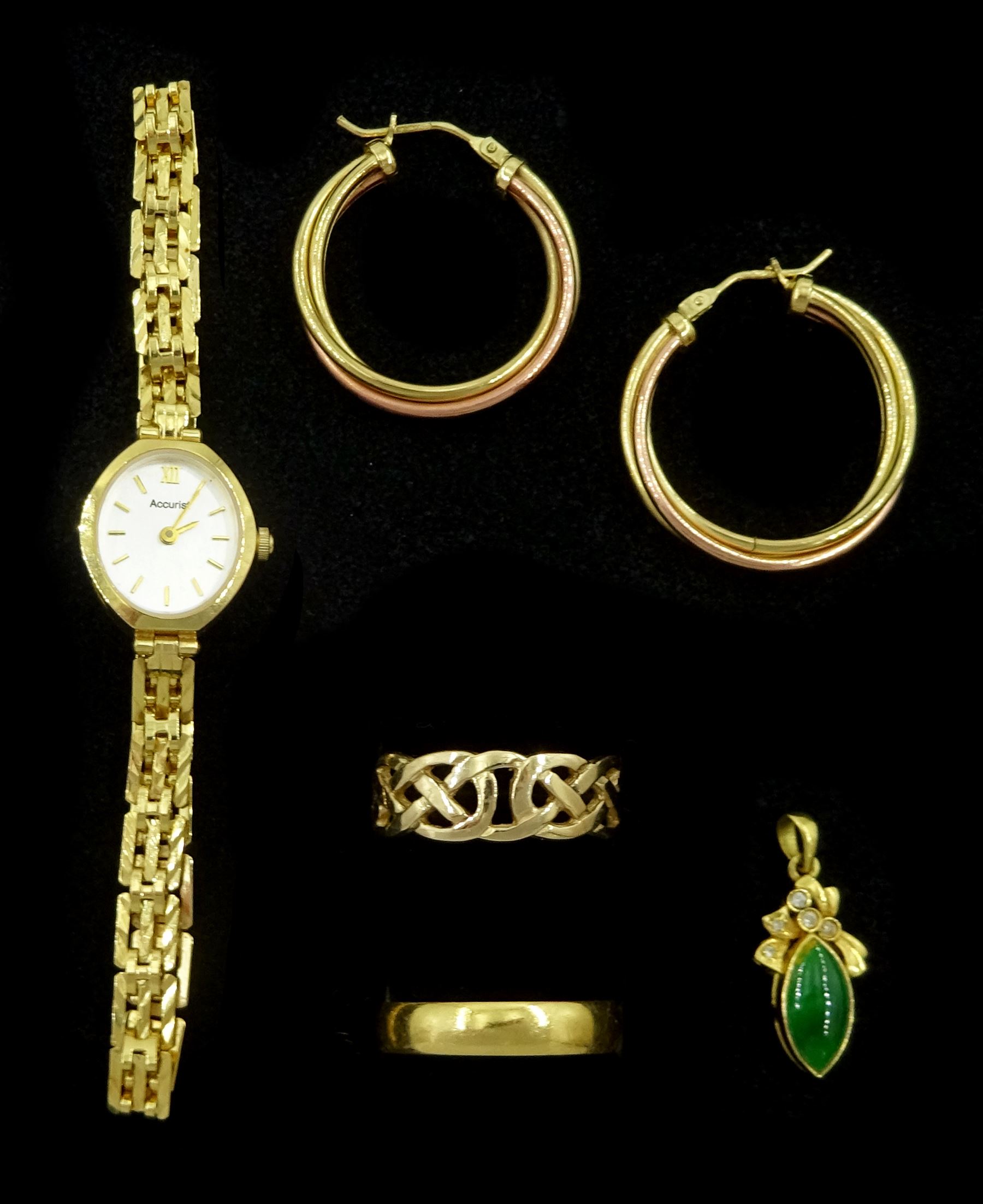 Gold green enamel and diamond pendant and a gold wedding band, both 18ct, gold Celtic design ring, pair of hoop earrings and a gold Accurist wristwatch, all 9ct