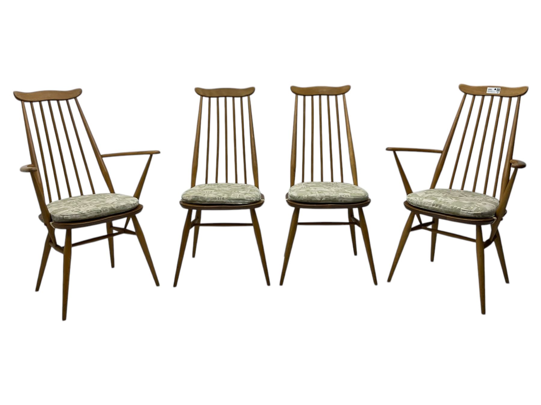 Lucian Ercolani for Ercol - set of four (2+2) 1960s elm and beech dining chairs, high comb back with shaped cresting rail, on turned splayed supports united by swell-turned stretchers 