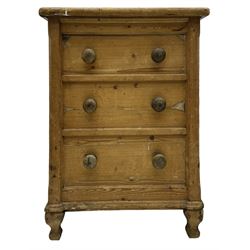 19th century stripped pine pedestal chest, hinged rectangular top with three planks and rounded edges, over three simulated drawer fronts with turned knobs, on turned baluster feet