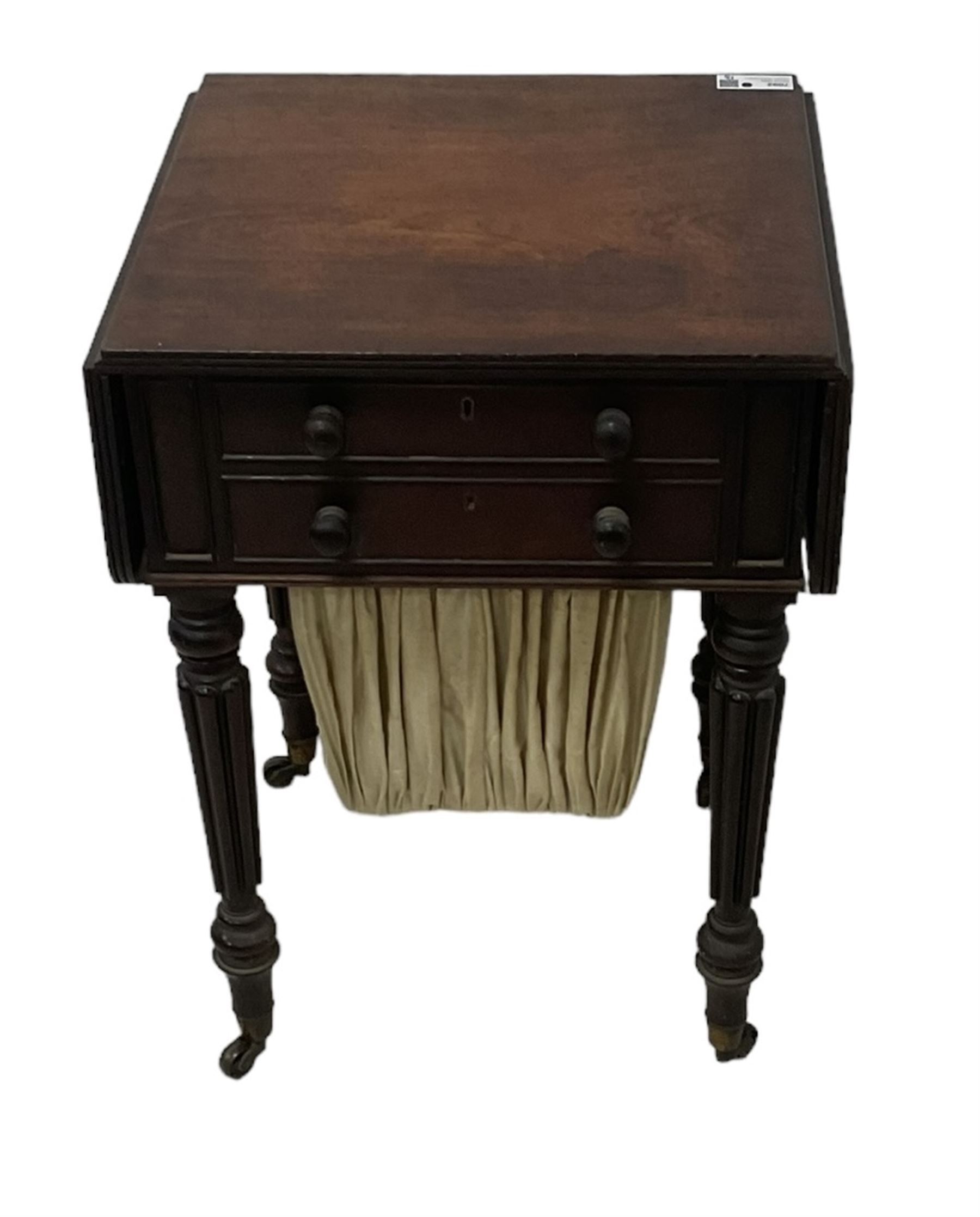 19th century mahogany drop-leaf work table, rectangular top with rounded corners, fitted with two cock-beaded drawers over pleated silk storage well, with matching opposing faux drawers, on turned and lobe moulded supports on castors