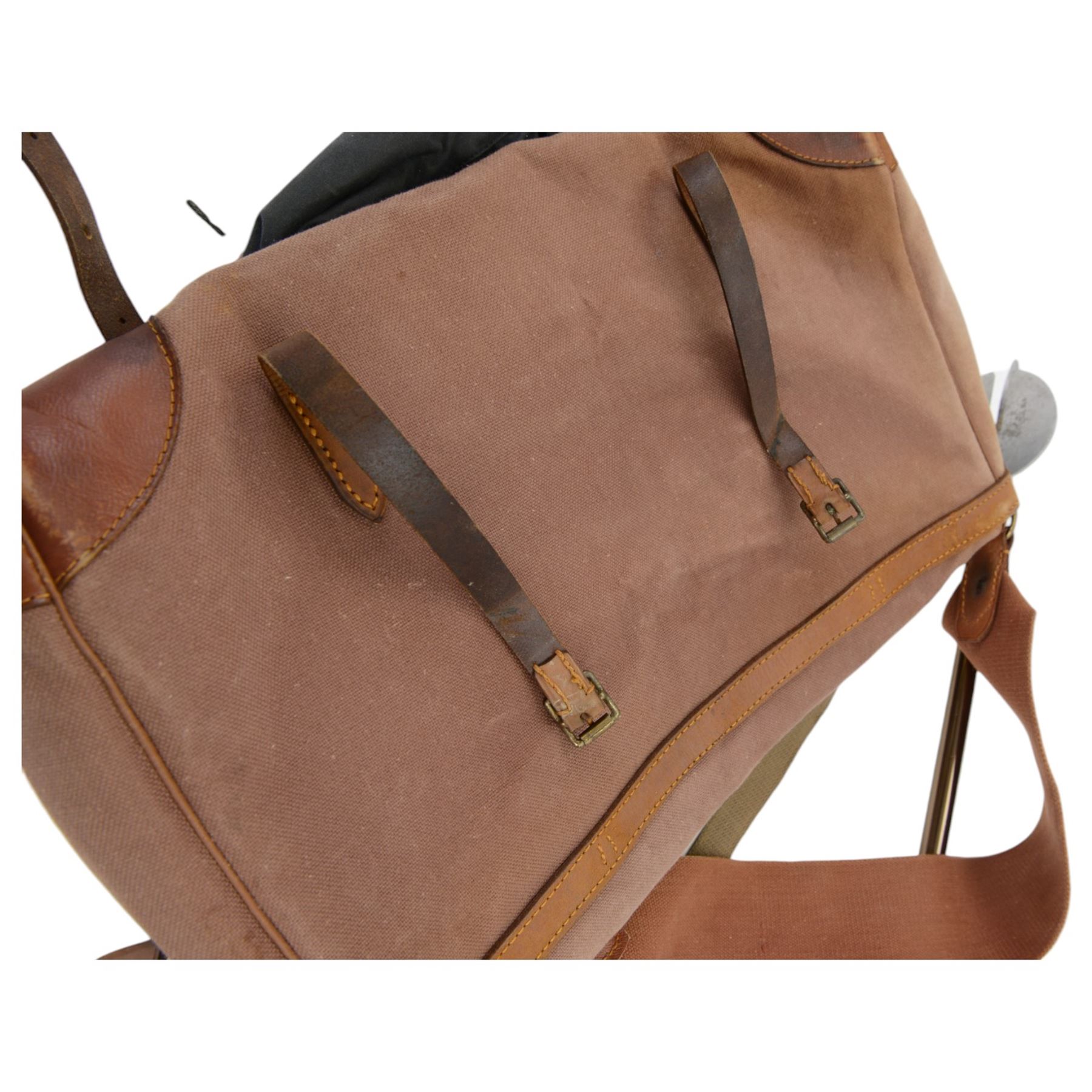 Brady of Halesowen large canvas and leather game bag with shoulder strap, together with Barbour fishing bag, and Gamebird shooting stick