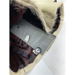 White pony hide, with grey leather sleeves and silk liner