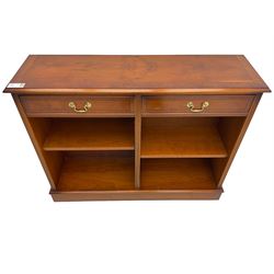 Georgian design yew wood open bookcase, rectangular moulded top over two drawers and two adjustable shelves, on moulded plinth base 