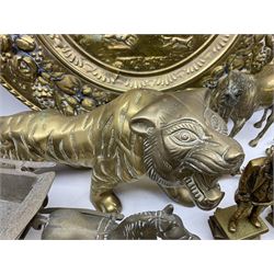 Large brass sculpture, together with a quantity of metalware, including brass tiger with gaping mouth, copper horn, brass dog with a pheasant , collection of brass horses, brass door knocker etc, sculpture H80cm