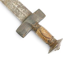 Sudanese Kaskara sword, the broad blade with traces of engraving, leather cross piece and leather wound grip, blade length 77cm