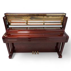 Boston - Upright overstrung piano in a lacquered mahogany case, designed by Steinway and manufactured by Kawai in Japan, Model 118E, serial No 131623 (1999), with 88 synthetic ivory/ ebony keys (seven octaves) with mute, una-corda and sustain pedals, original nickel plated tuning pins, hammers, strings and damper felts. With matching duet stool.