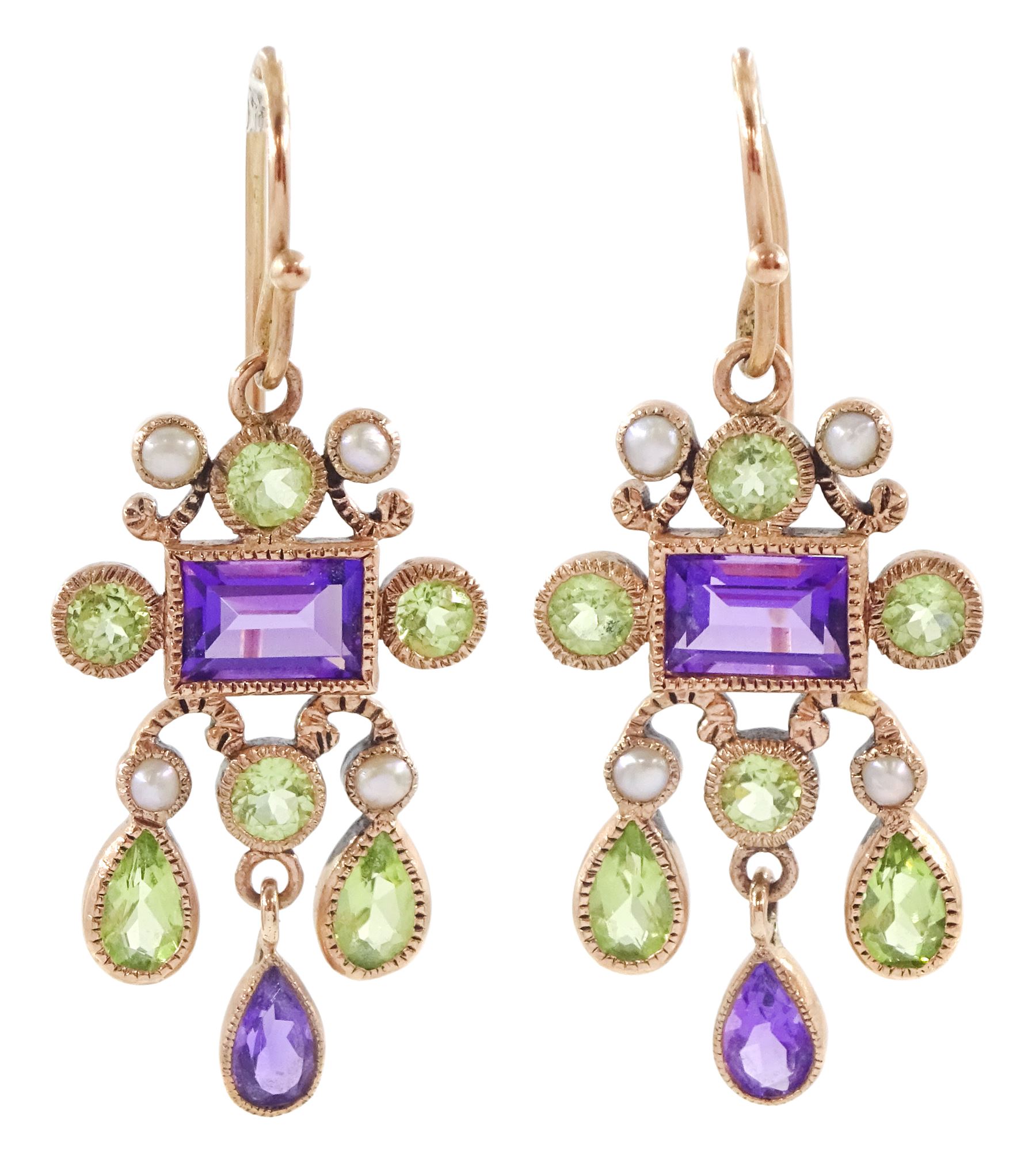 Pair of gold milgrain set peridot, amethyst and seed pearl pendant earrings, stamped 9ct