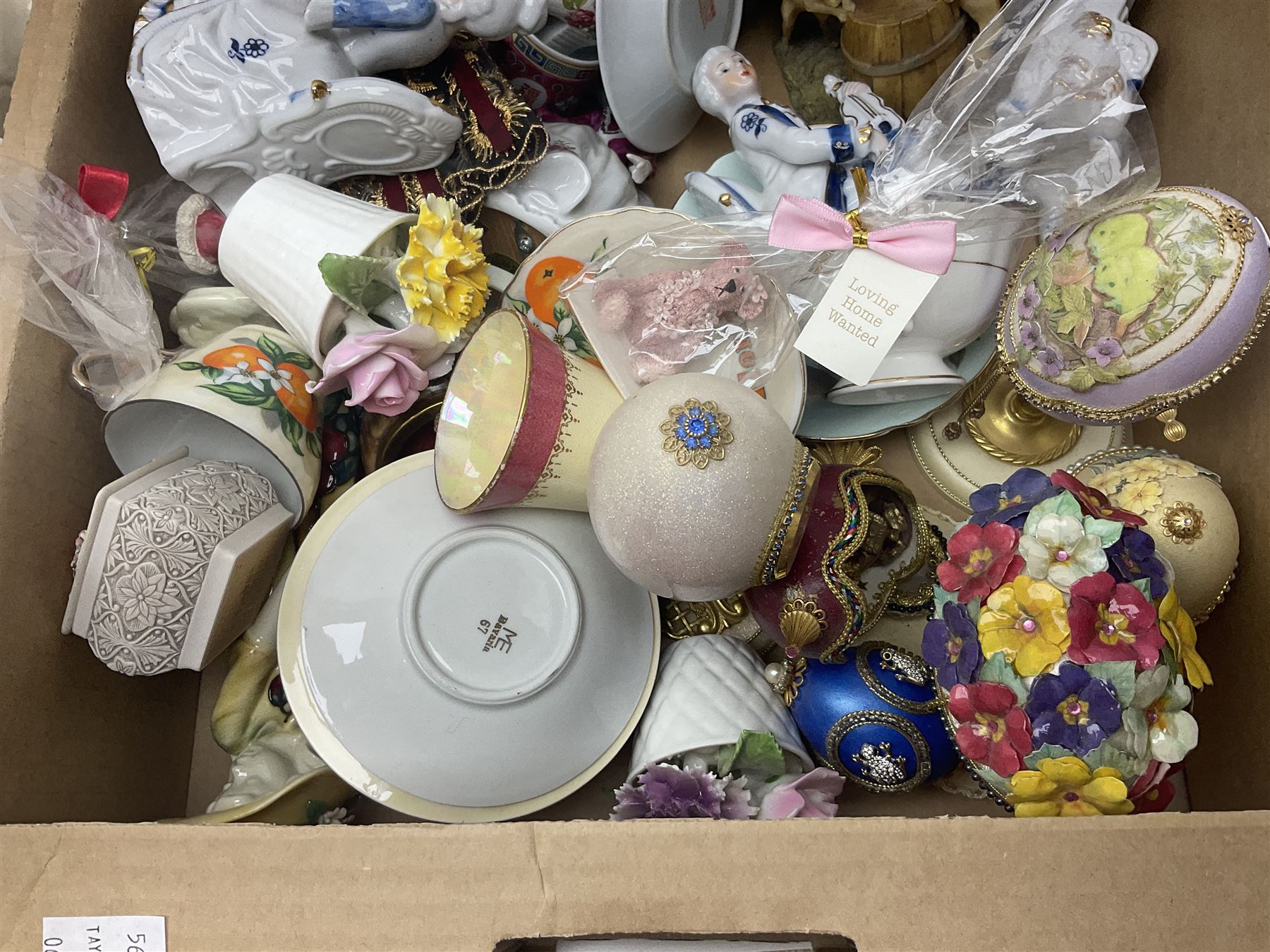 Wedgwood Jasperware biscuit barrel and vase, together with a collection of other ceramics including trinket boxes, flower displays and figures, etc in three boxes