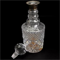 Square glass spirit decanter with silver collar and square stopper and two other decanters with silver collars (3)