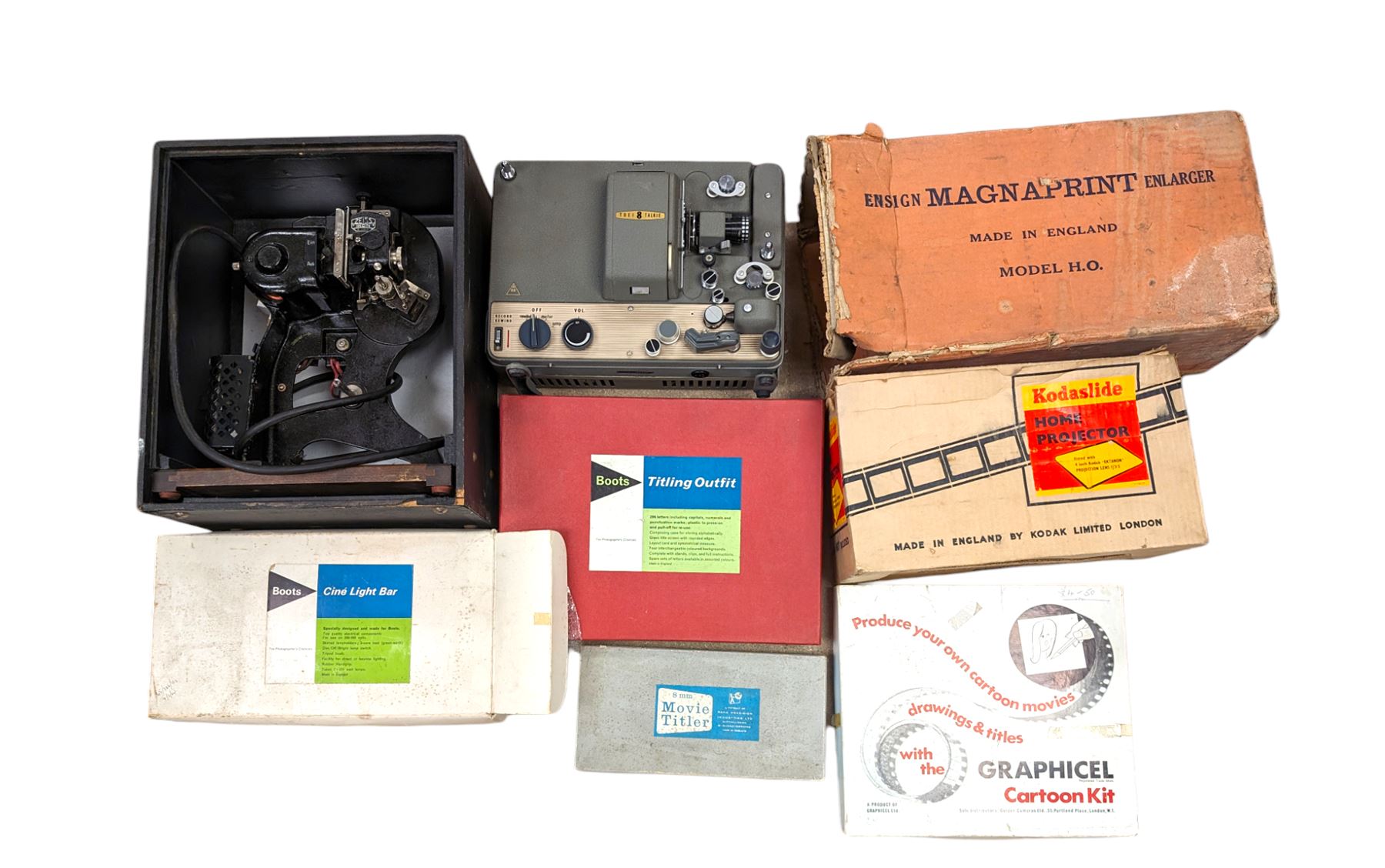 Zeiss Ikon projector, serial no W15914, together with a Midget-Magnaprint Enlarger, model HO, in original box a Toei 8 Talkie cine projector, Kodaslide Home Projector, etc