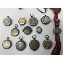 Collection of silver fob watches and wristwatches, some examples with enamel dials, together with silver plated examples 