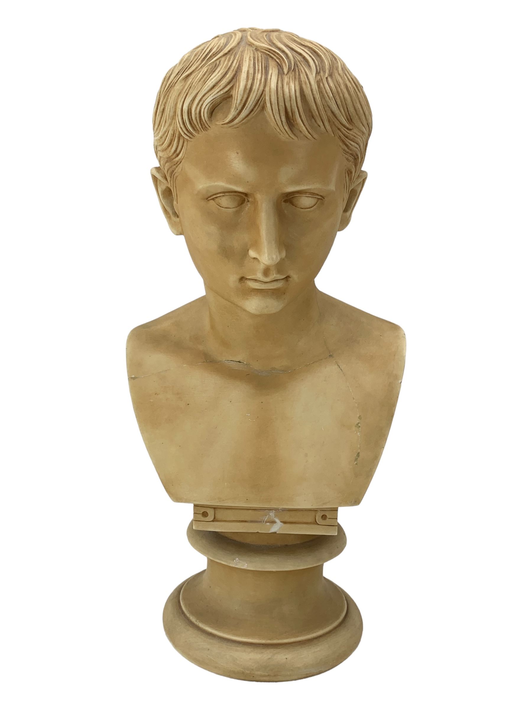 After Antonio Canova (1757 - 1822): 'Young Augustus', faux marble bust on socle plinth, with a faux marble Corinthian column pedestal, H118cm overall 