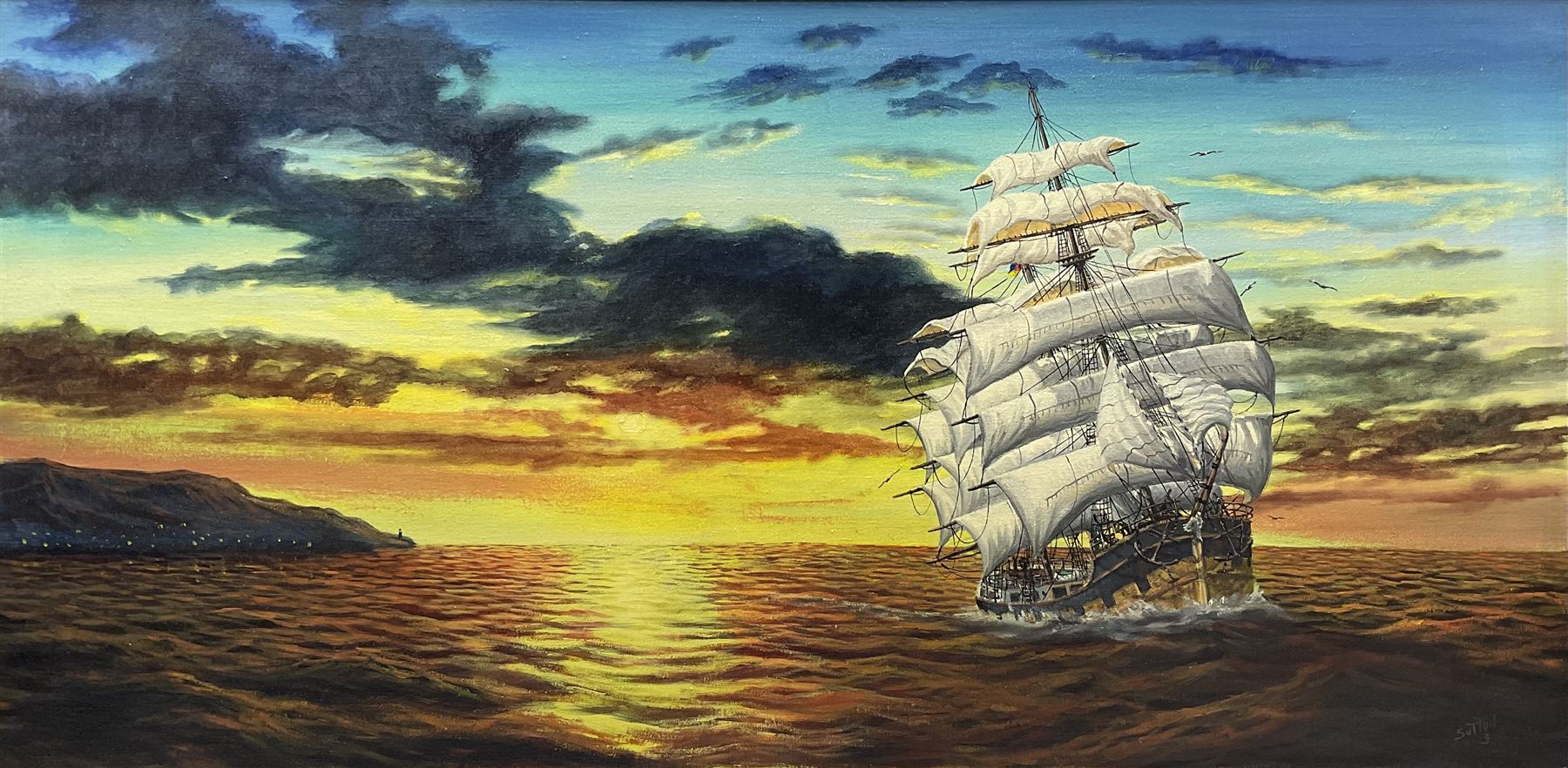 Keith Sutton (British 1924-1991): Privateer off the Coast at Sunset, oil on canvas signed 60cm x 122cm