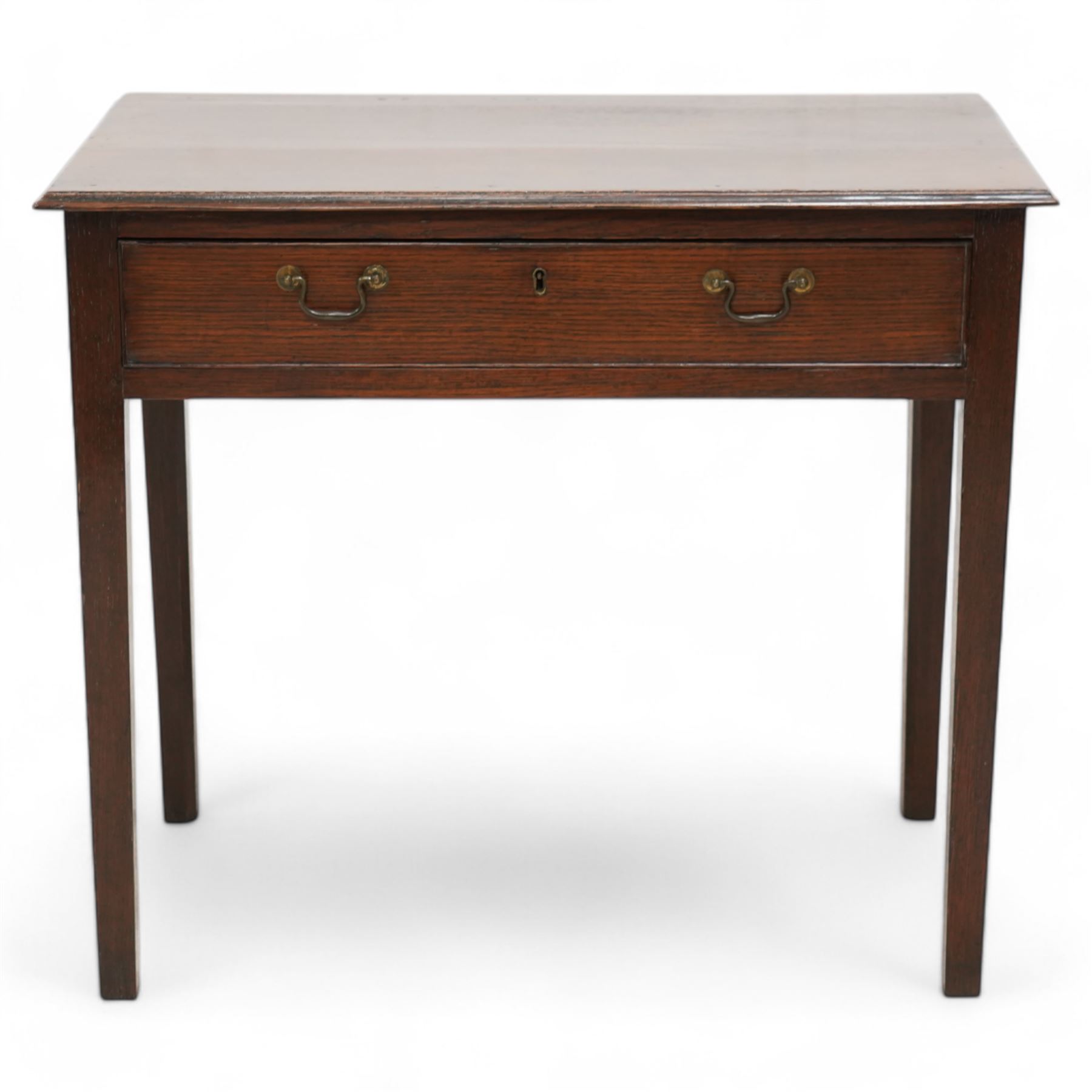 George III oak side table, moulded rectangular top over single drawer, on square tapering supports 