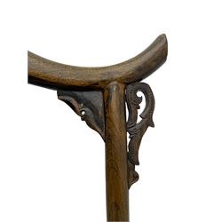 Chinese design elm yoke back 'official's' armchair, the shaped cresting rail over splat decorated with carved and pierced wildlife scenes, shaped projecting arms over rectangular seat, square supports united by plain stretchers, decorated with shaped frame brackets carved with foliage