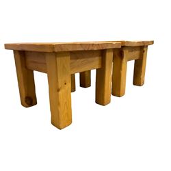 Two pine square coffee tables on block supports