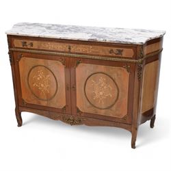 Mid-to-late 20th century mahogany and walnut side cabinet, shaped white and grey variegated marble top, single frieze drawer inlaid with scrolling leafy branches and flower heads, single internal shelf enclosed by two doors inlaid with flowers, decorated with cast gilt metal mounts, on cabriole feet 