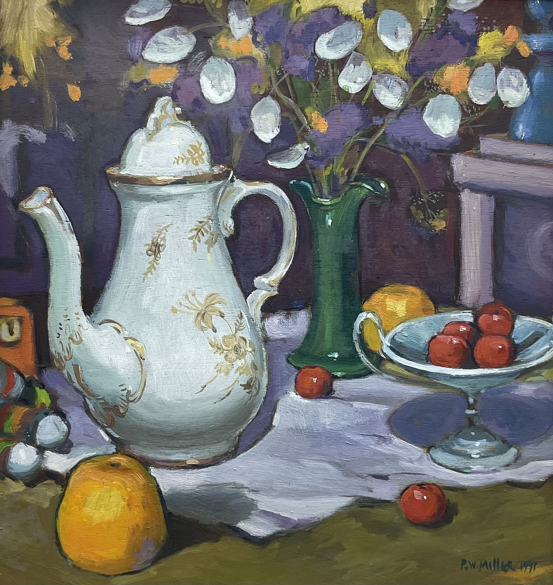 Peter W Miller (Scottish Contemporary): 'Still Life with Coffee Pot and Honesty', oil on panel signed and dated 1991, titled verso 34cm x 32cm