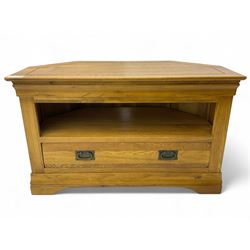 Contemporary oak corner television stand, rectangular top with chamfered rear corners over...