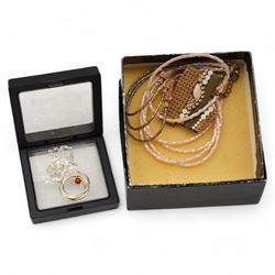 9ct gold heart tassel link necklace, silver tea caddy spoon by Lanson Ltd, silver ring and stone set necklaces and a collection of costume jewellery